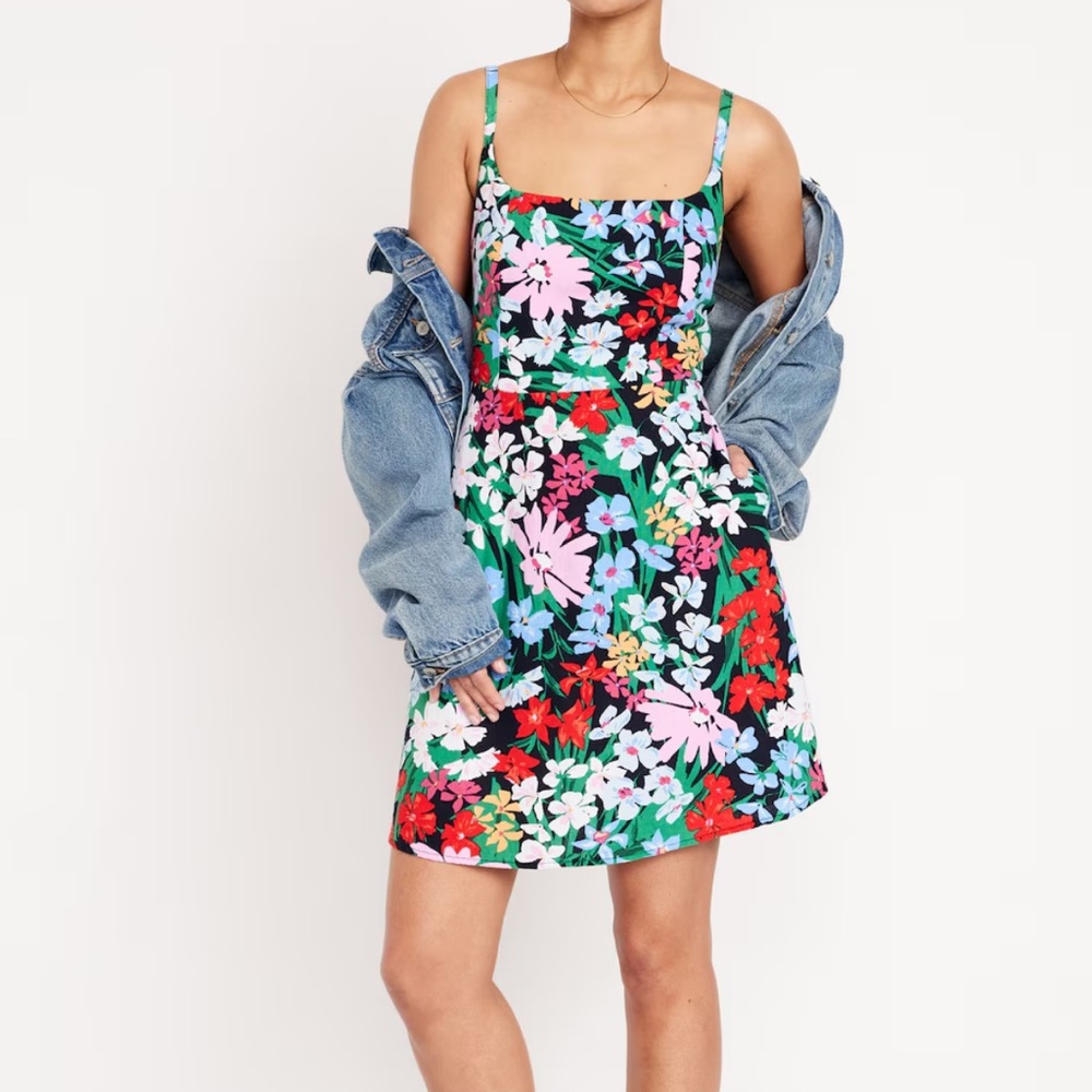 Old Navy Floral Mini Dress in Black with Pink, Red & Green